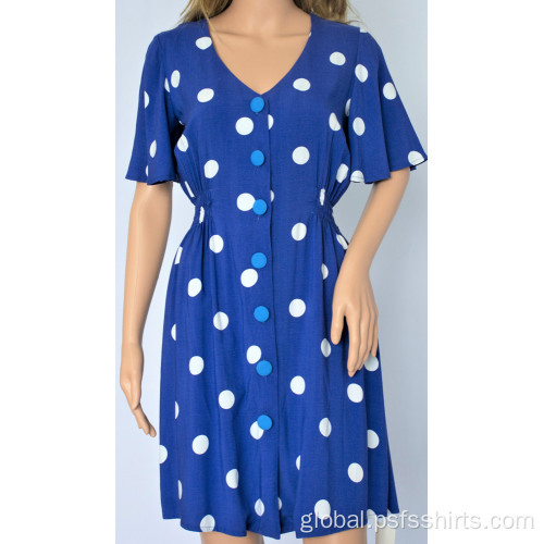 Summer Casual Dresses Women Blue Polka Dot Dress Factory